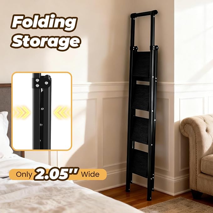 HBTower 4 Step Ladder with Handrail, Aluminum Folding Step Stool,330lbs Capacity Portable Step Ladder，Non-Slip Safety Ladder for Household,Kitchen,Office - Black