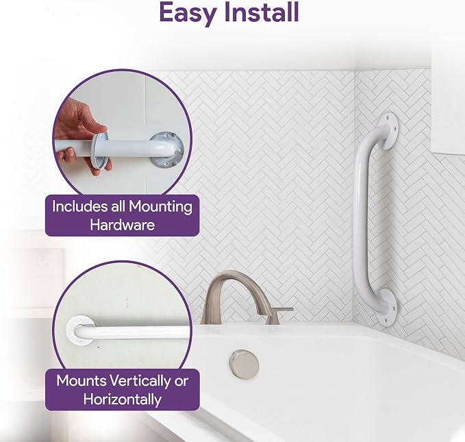 White 18 Inch Grab Bars for Bathtubs and Showers - Powder Coated Steel Bathroom Safety Rail Handle - Non Slip Grip Handicap Grab Bar for Seniors, 250 lbs Weight Support Capacity