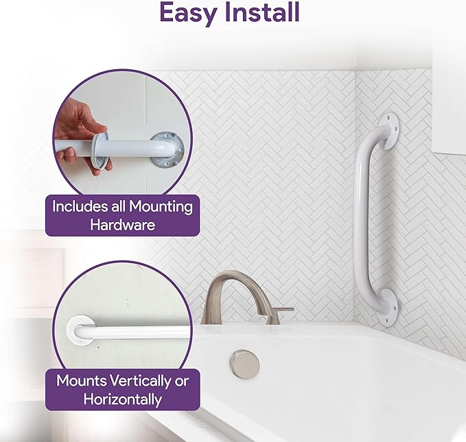 White 24 Inch Grab Bars for Bathtubs and Showers - Powder Coated Steel Bathroom Safety Rail Handle - Non Slip Grip Handicap Grab Bar for Seniors, 250 lbs Weight Support Capacity