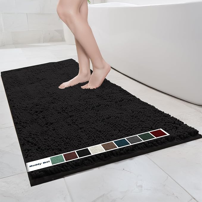 Muddy Mat Chenille Bathroom Rugs Quick Dry Microfiber Mats Non Slip Washable, Extra Thick, Soft and Highly Absorbent Bath Mats for Bathroom, Kitchen, and Shower Floor - Black XL 59"X35"