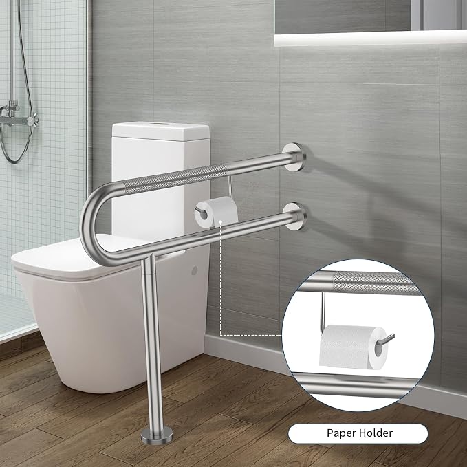 Toilet Grab Bar with Leg 31.5x28 Inch, ZUEXT Brushed Nickel Knurled Toilet Support Bar with Toilet Paper Holder,Stainless Steel Wall & Floor Mounted Bathroom Support Rail for Elderly Disabled Pregnant