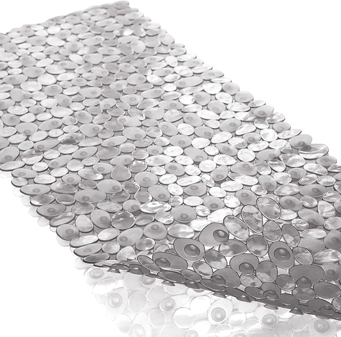 TEESHLY Bath Tub and Shower Mats, Non-Slip Pebble 35 x 16 Inches Machine Washable Bathtub Mat with Drain Holes, Suction Cups for Bathroom (Clear Grey)