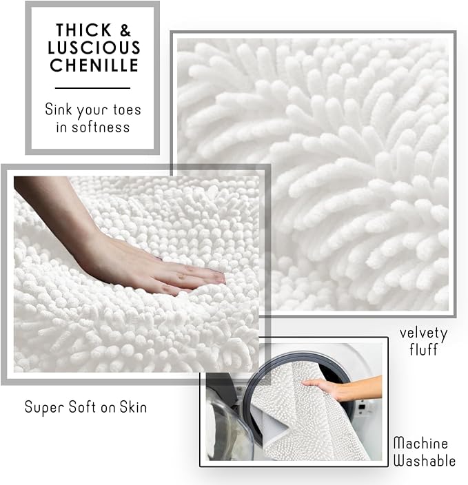Hearth & Harbor Bathroom Rugs, Chenille Bath Mat - Machine Washable Bath Mats for Bathroom Non-Slip Backing Rubber, Quick Dry Bathroom Mat - White 24x36