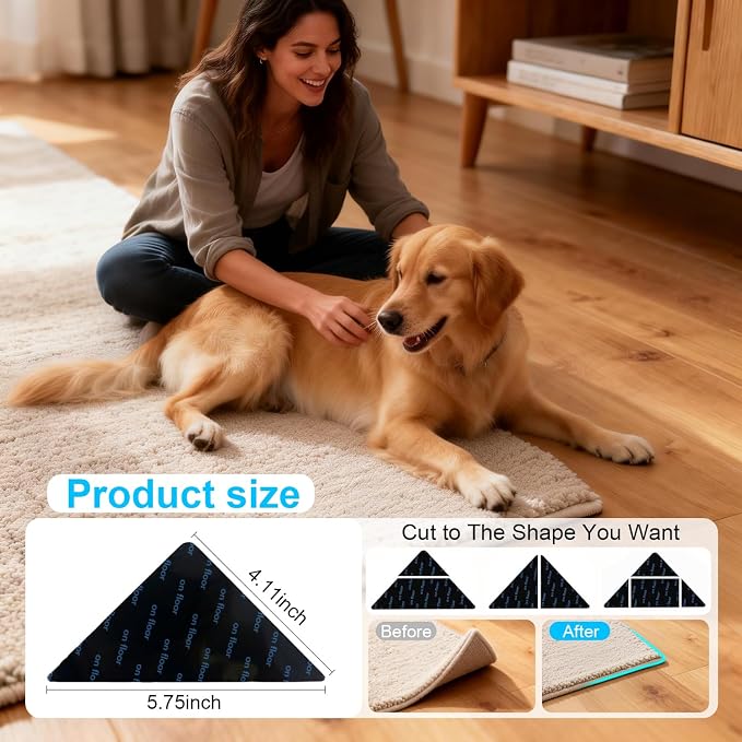 8 PCS Triangle Rug Tape, Double-Sided Non Slip Carpet Grippers, No Residue No Damage Anti-Curling Rug Pads, Keep Corners Flat for Hardwood Floors Tiles and Area Rugs
