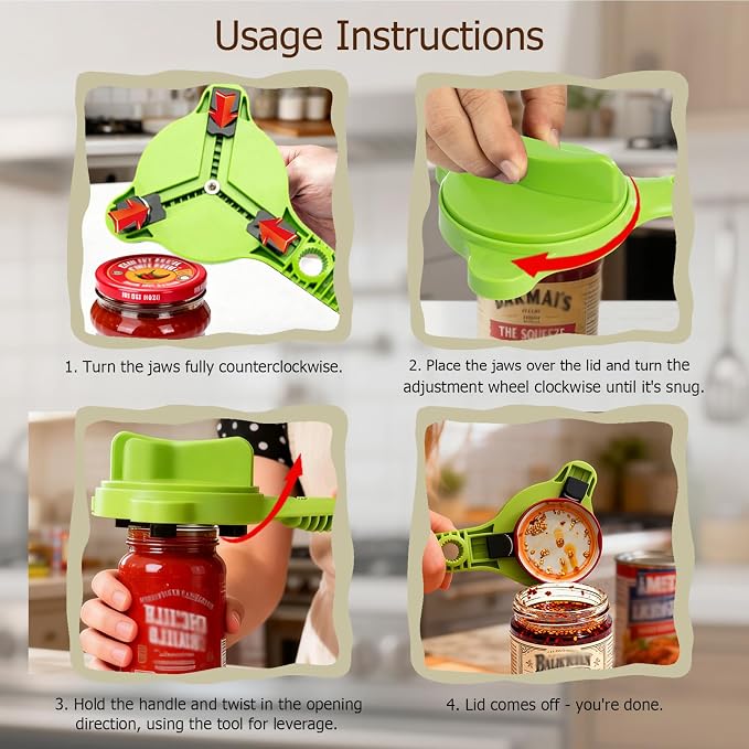 4-in-1 Jar Opener, Adjustable Jar Opener for Seniors, Kitchen Tool Designed Specifically for Seniors and Those with Limited Physical Strength, Suitable For Beer, Salad Dressing, Jar (Green)