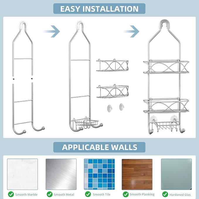 GAOKASE Shower Caddy Hanging 3 Tier with Two Movable Baskets, Grey Shower Caddy with Hooks for Towels, Sponge and More