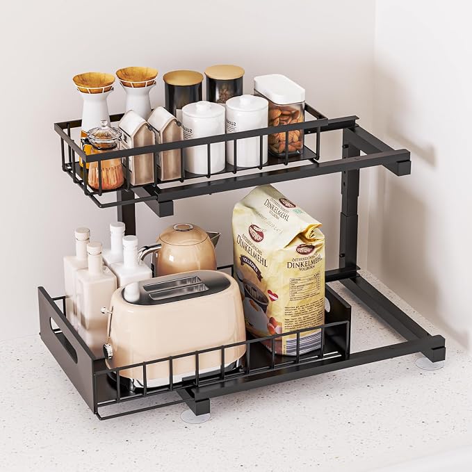 Under Sink Organizer, Heavy Duty Metal Pull Out Cabinet Organizer Slide Out Sink Shelf Organizer Height Adjustable, Multi-Purpose Storage Shelf for Kitchen Bathroom(Black,2Pack)