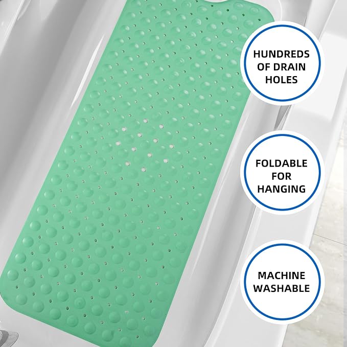 ZHICHENG Bath Tub and Shower Mats, Non-Slip 39 x 16 Inch Extra Long Bath Mat, Machine Washable Bathtub Mat with Drain Holes, Suction Cups for Bathroom (Green)
