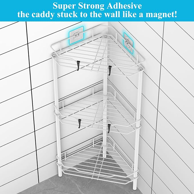 HuggieGems 3 Tier Floor Standing Corner Shower Caddy Organizer Shelf with Hooks, Bathroom Shelves Stand Rack, White
