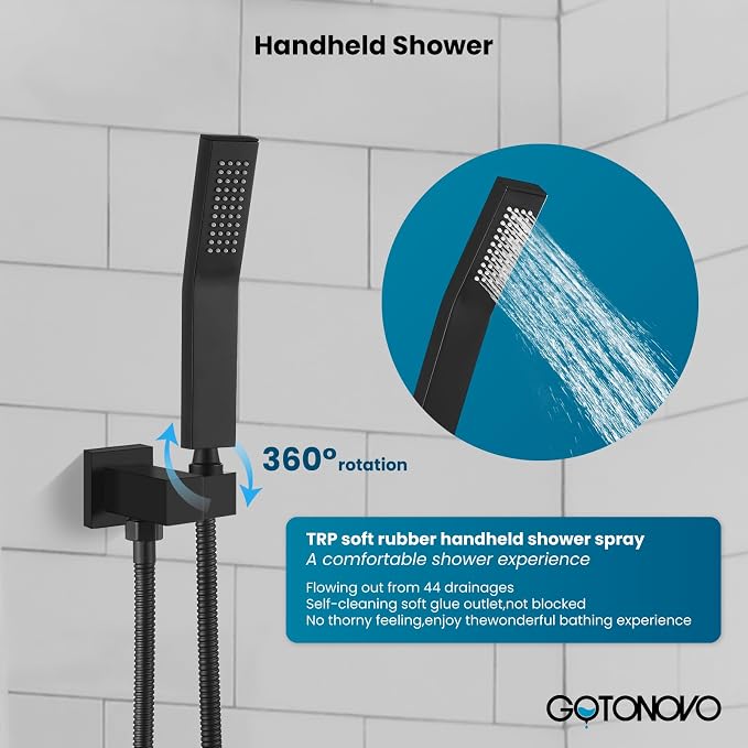 gotonovo Rainfall Bathroom Shower System Rain Shower Head and Handle Set Wall Mounted Shower Complete Combo Solid Brass Pressure Balancing Shower Mixer Valve 10 Inch Matte Black