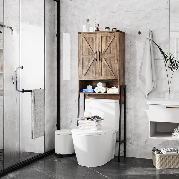 Vabches Over The Toilet Storage Cabinet with 2-Door Design Bathroom Organizers and Storage with Anti-Tip Device Over Toilet Organizer with Shelves for Bathroom,Restroom,Laundry Brown