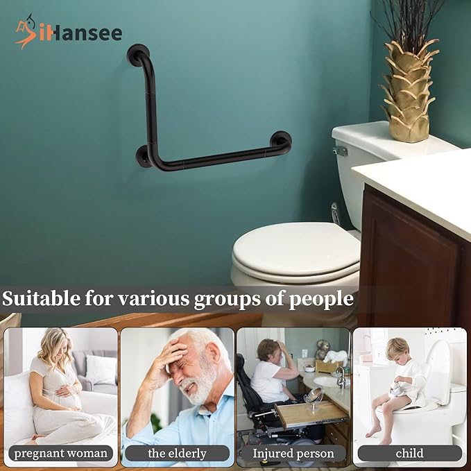L-Shaped Angled Grab Bar 12x16 Inch Matte Black Anti-Slip Knurled Shower Handles Wall Mount, Stainless Steel Shower Bars for Seniors Injured Balance Support, Handicap Grab Bars for Bathtubs & Showers