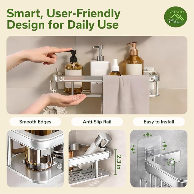EVALAND Shower Caddy Adhesive 2-Pack with Hooks and Rod for Towels, Silver – Premium Bathroom Shower Shelves, Shampoo Organizer, Bathtub Shelf, Rustproof, Easy Installation, Sturdy Modern Look