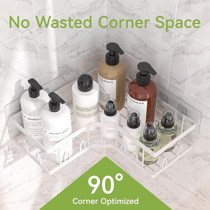 Shower Shelf Corner, Adhesive Shower Caddy Rustproof, Shower Shelves Corner with Soap Holder, No Drilling Shower Corner Organizer for Dorm, Renters Bathroom, White, 3 Pack