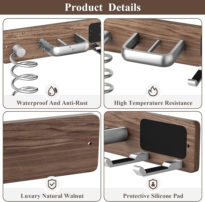Tindbea Hair Dryer Holder Wall Mount Aluminum Alloy Hot Tools Organizer | Walnut Wood Silver