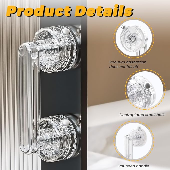 Huakaile 2 Pieces Transparent Suction Cup Handle for Sliding Glass Door, Hole-Free Waterproof Suction Grab Bars for Shower Heavy Duty Window Kitchen Drawer Bathroom (Transparent)