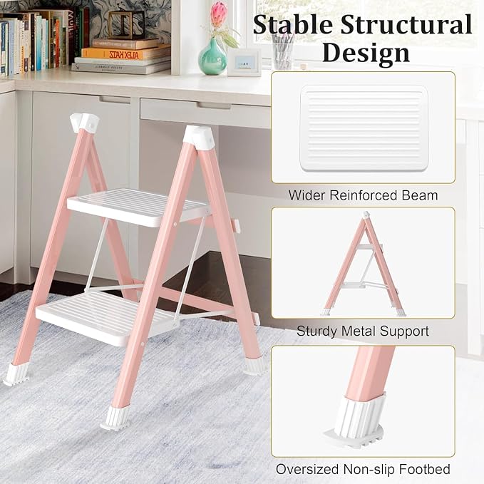 DIAMONDFORGE 2 Step Ladder, Folding Step Stool with Anti-Slip Wide Pedal, Anti-Slip Feet, Sturdiest Steel Construction, 330lbs Capacity Steel Ladder for Home and Office, Pink White
