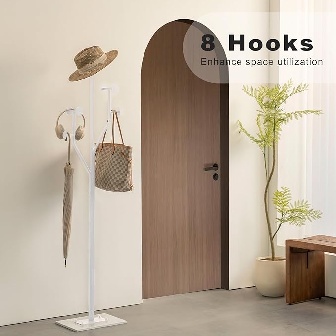 JIAYUEJU Heavy Duty Coat Rack Tree-shaped Metal Freestanding Coat Tree with Sturdy Marble Base Corner Coat Rack for Bedroom Entryway Hallway 14.96 x 10.24 x 68.9 Inches (White)