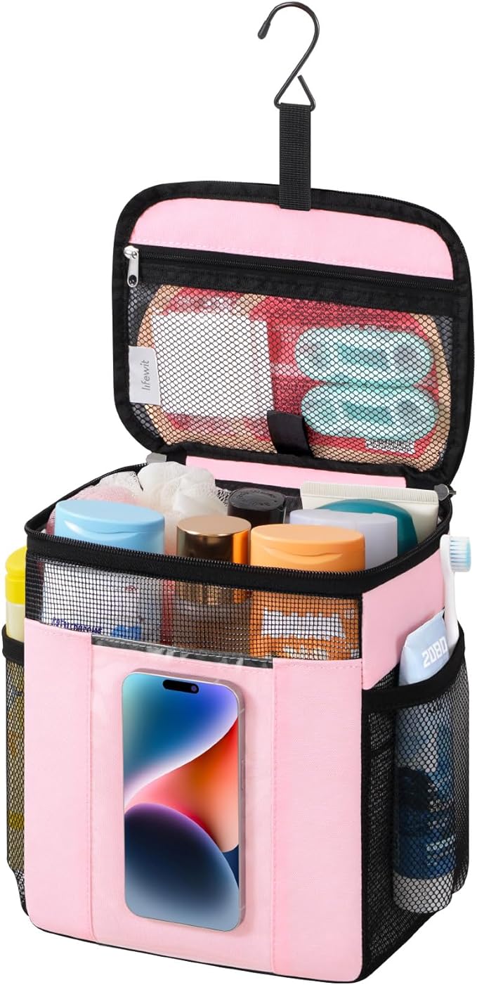 Lifewit Mesh Shower Caddy Bag Portable, Quick Dry Hanging Bathroom Organizer with PVC Phone Bag, College Dorm Room Essentials for Travel, Gym, Camping, Toiletry Tote for Women Men, Medium, Pink