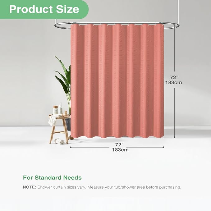 Dynamene Coral Fabric Shower Curtain - Waffle Weave Textured Heavy Duty Cloth Shower Curtains for Bathroom, 256GSM Hotel Luxury Weighted Bath Curtain Set with 12 Hooks,72x72, Coral