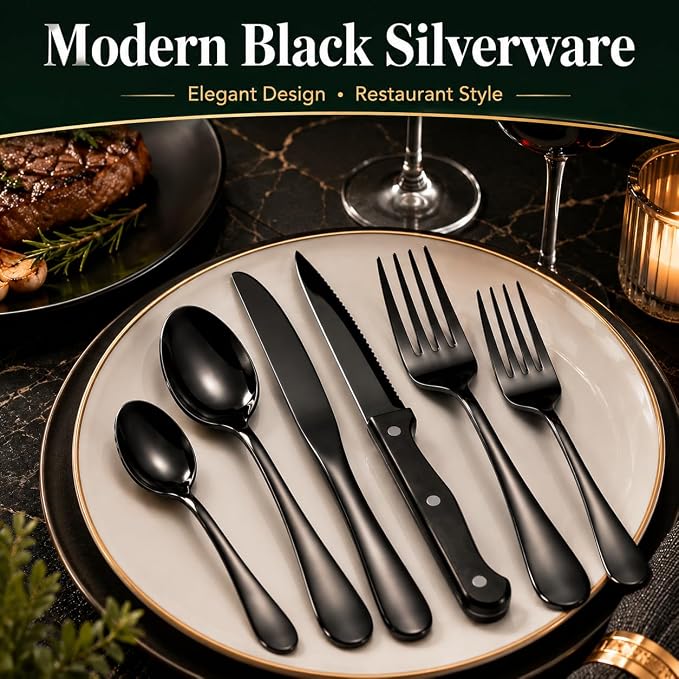 JUNLIN 49 Pieces Black Silverware Set with Steak Knives, Stainless Steel Silverware with Organizer Flatware Utensils Set for 8, Forks and Spoons Silverware Set Cutlery Set