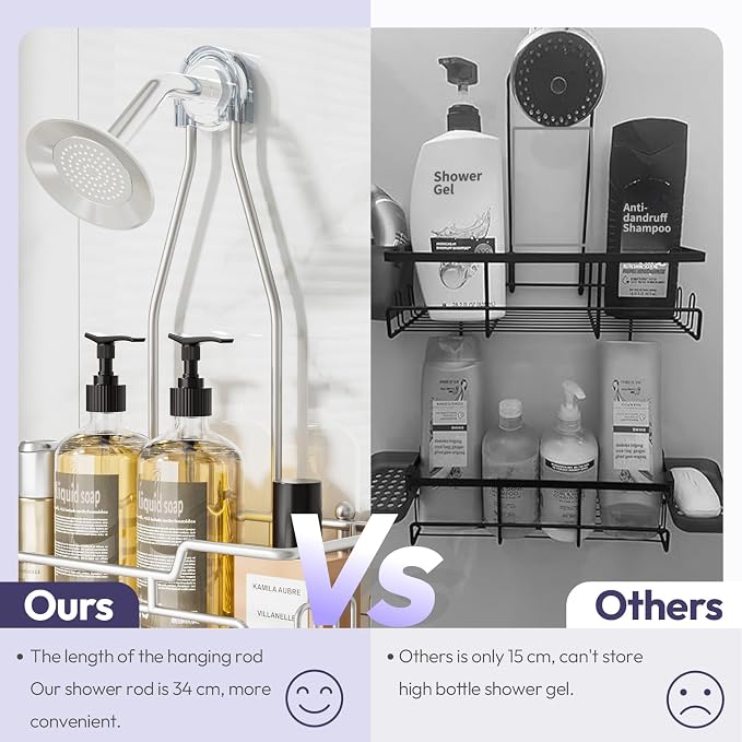 SWTYMIKI Bathroom Shower Caddy Hanging - 3 Tier Rustproof Over Shower Head Organizer, No Drilling Bathroom Shelf with 16 Hooks & Soap Holder, Anti-Swing Rack, Sand Nickel