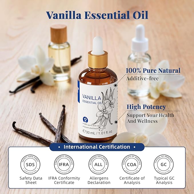 HIQILI Vanilla Essential Oil, 100% Pure Natural, Beginner-Friendly for Making DIY Perfume, Candle & Soap, Blends with Lotion for Dry Skin Comfort, Ideal for Home Diffuser - 30ml/1 FL OZ