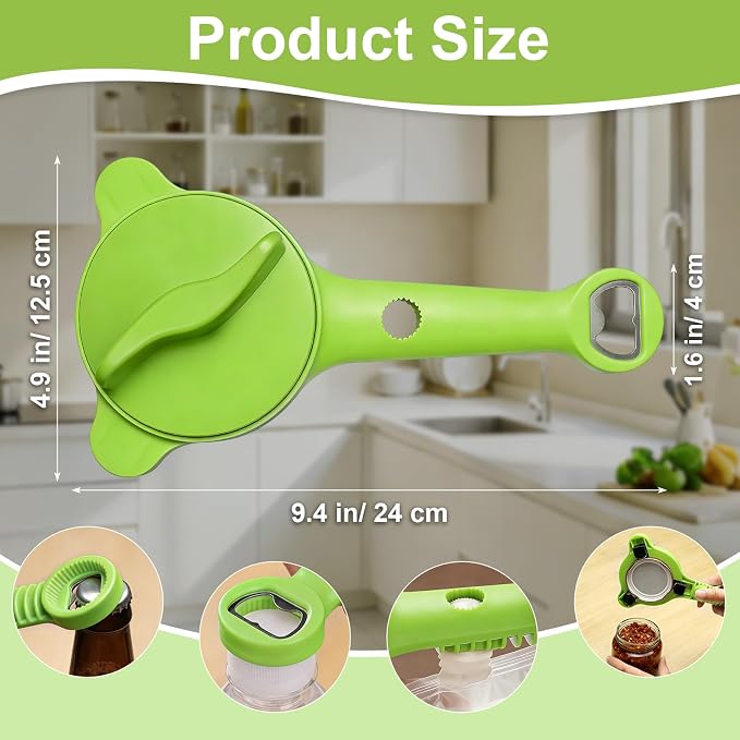 Multi-Functional 4-in-1 Jar Opener, Adjustable Stainless Steel Bottle Opener for Multi Size Jar Bottles with Ergonomic Non-Slip Handle Grip, Kitchen Helper for Seniors Weak Hands Arthritis