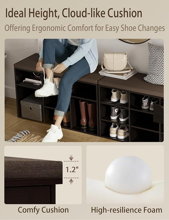 DINZI LVJ Shoe Bench, 9 Cubbies Shoe Organizer for Entryway, Storage Bench with Cushion, Cubby Shoe Rack with Adjustable Shelves for Living Room, Bedroom, Mudroom, Hallway, Espresso