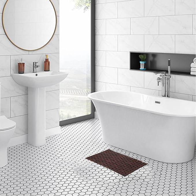 Bath Mat Bathroom Rugs Floor Wood Shower Bathtub Waterproof Non Slip Accessories 16x24 Inch Easy to Clean, Brown, 1 pc