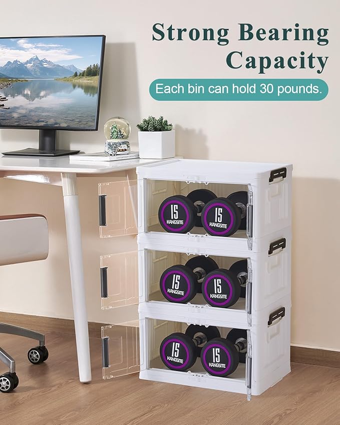 OlarHike 23QT Stackable Lockable Storage Bins with Lids - Folding Storage Box with Doors & Wheels, Collapsible Plastic Organizers for Closets, Dorm, School, Office, Drawers, Bathroom, Gifts, 3 Pack