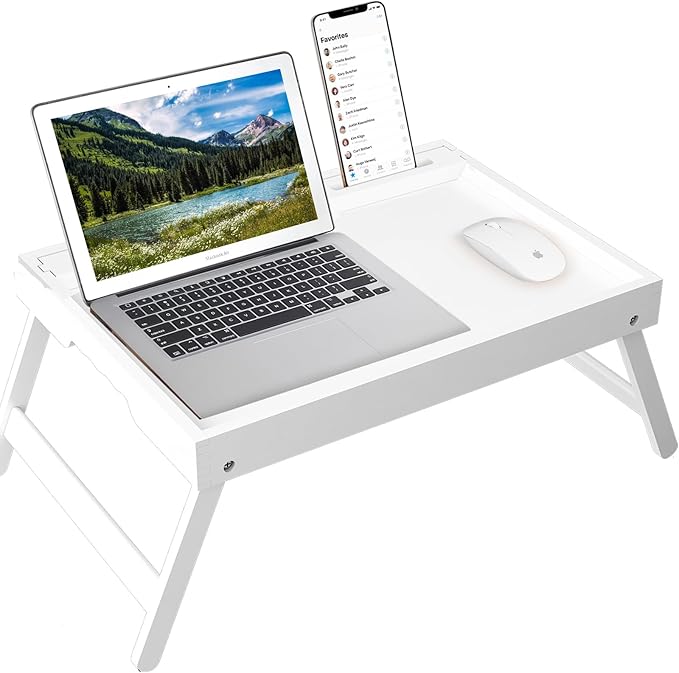 Artmeer Bed Tray Table with Folding Legs, Bamboo Breakfast Food Tray with Media Slot, Use As Platter, Laptop Desk, Snack, TV Tray Kitchen Serving Tray (White Extra-Large Size)