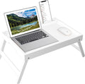 Artmeer Bed Tray Table with Folding Legs, Bamboo Breakfast Food Tray with Media Slot, Use As Platter, Laptop Desk, Snack, TV Tray Kitchen Serving Tray (White Extra-Large Size)