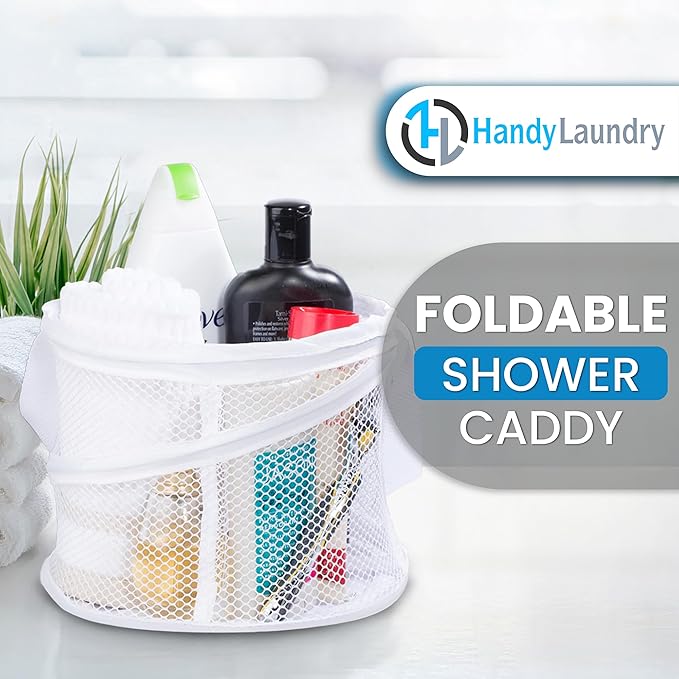 Handy Laundry Foldable Shower Caddy - Collapsible, Portable, Drainage Hole, Carry Handle, Large Compartments, Great Organizer for Camp, Travel, Gym, and Dorm (White) (Pack of 2)