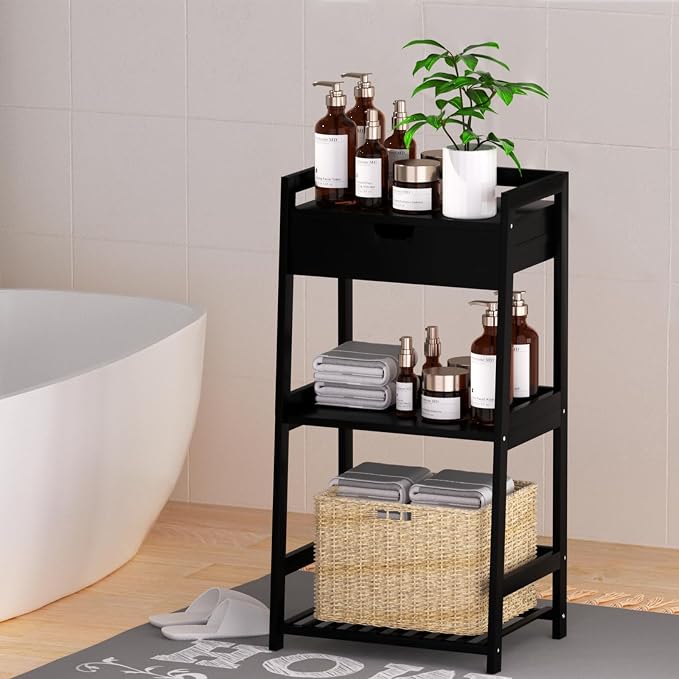 POXAKA 3 Tier Bamboo Bathroom Shelves with Drawer, Ladder Shelf for Bathroom Storage, Space-Saving Design, Stylish Display Nightstand, Stylish Storage Solution for Home, Living Room, Kitchen, Office
