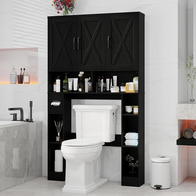 Over The Toilet Storage Cabinet, Farmhouse Toilet Cabinet Rack with 3 Barn Doors, Space Saving Bathroom Organizer with Shelves, Toilet Paper Holder and Towel Rack for Bathroom,Restroom,Laundry, Black.