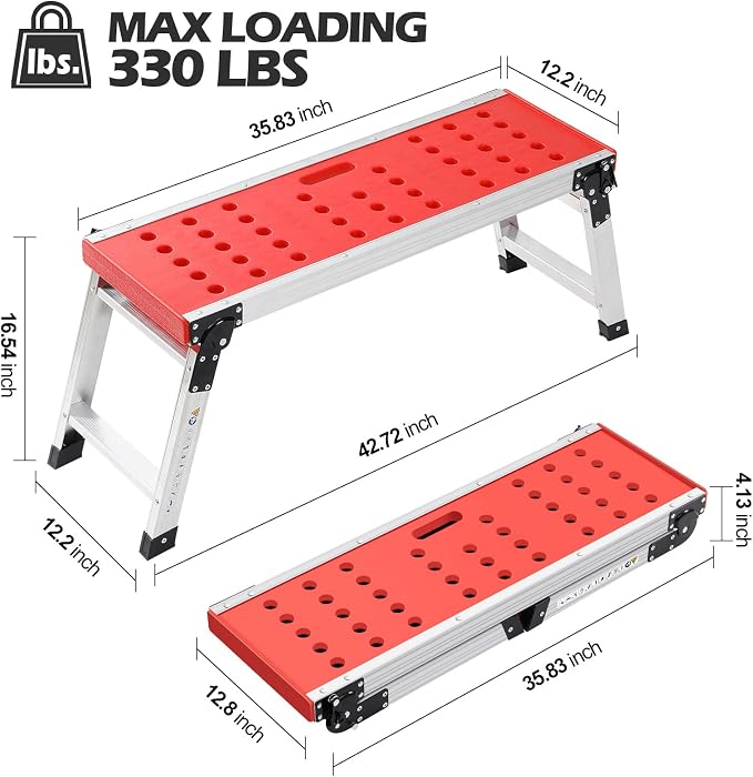 KINGRACK Folding Work Platform, Adjustable Step Ladder with Anti-Slip Feet Cover, Lightweight Stepladder with Safety Lock for Home, Office, Workshop and Garage, Maximum Load 330lbs
