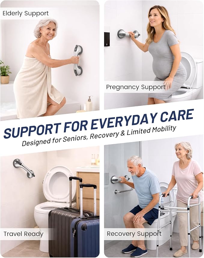 2 Pack Gel-Enhanced Shower Grab Bars for Seniors and Elderly, Heavy Duty Suction Safety Bars for Bathtubs and Showers, No Drilling Removable Bathroom Handles for Tub and Shower Support