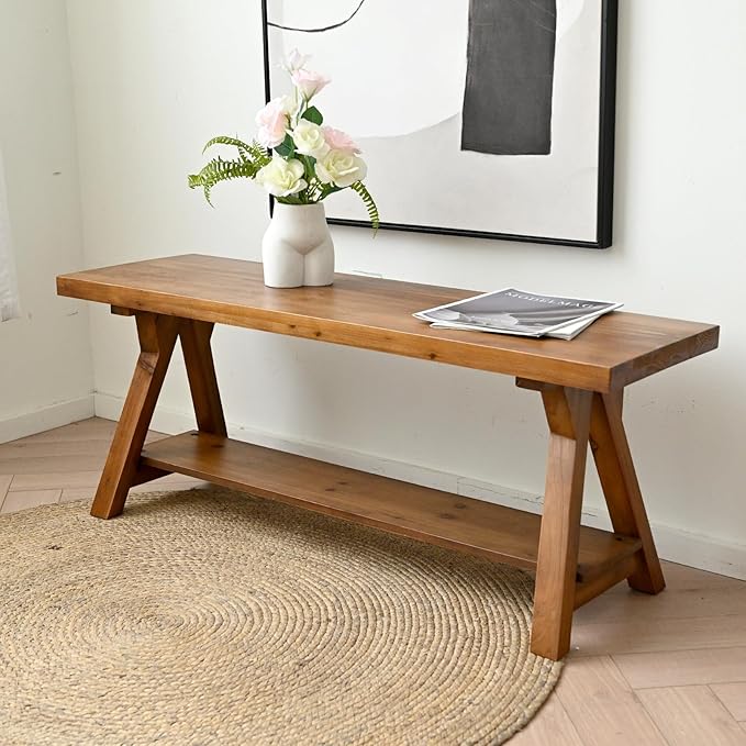 SwallowLiving 43 Inch Farmhouse Storage Bench, Rustic Solid Wood Entryway Bench for Living Room, Dining Room, Hallway | Indoor Seating with Natural Wood Finish