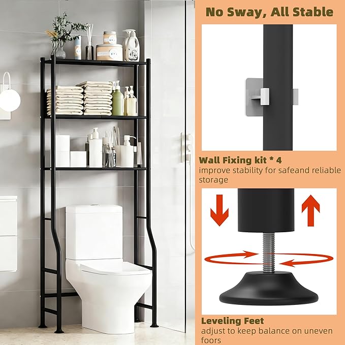 Livilord 3-Tier Over The Toilet Storage Rack, Space Saver Metal Bathroom Shelves, Freestanding Over Toilet Bathroom Organizer for Bathroom/Living Room (Black)