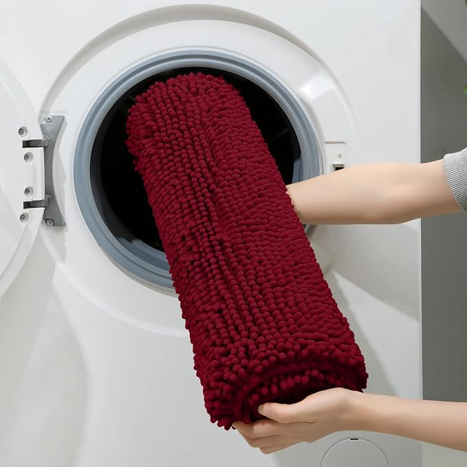 HOMEIDEAS 3 Pieces Bathroom Rugs, Ultra Soft Non Slip Absorbent Chenille Toilet Bath Mat Set (Burgundy)