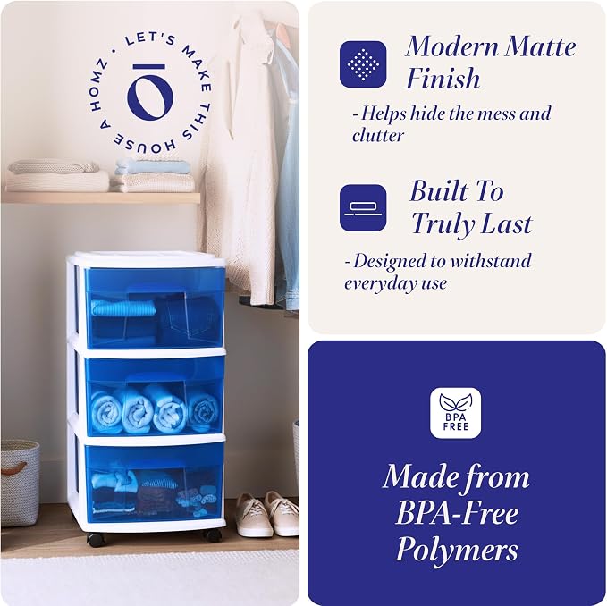 HOMZ Drawer Tower, 3-Tier Clear Blue Plastic Storage Organizer Cart, White Frame - Rolling Drawer Containers with Wheels for Bathroom, Bedroom, Office, and Classroom Organization