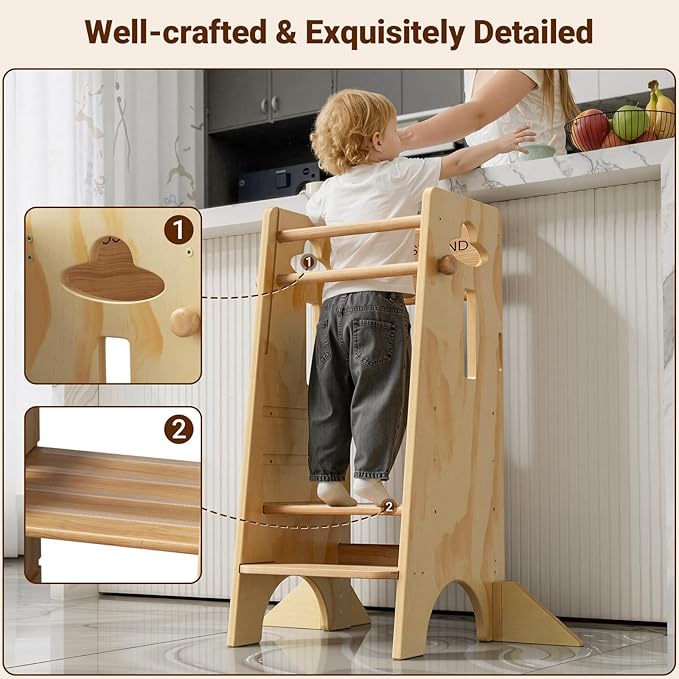COSYLAND Height Adjustable Toddler Standing Tower(NO Wide Back Panel) - Super Stable Kids Kitchen Stool Helper with 4 Support Blocks - 3 Levels Adjustable Wooden Kitchen Stool (All Natural)
