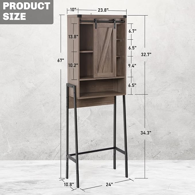 Over The Toilet Storage Cabinet, Behind Toilet Bathroom Organizer with Adjustable Shelves, Above Toilet Organizers with Barn Door, Space Saver for Restroom, Bathroom, Laundry, Grey