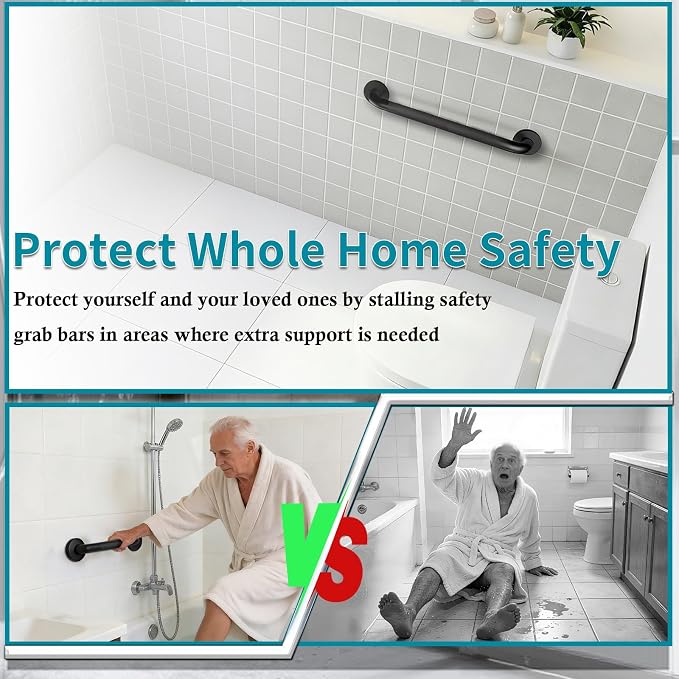 Shower Grab Bars for Seniors, 18 Inch Matte Black Bathroom Handle for Wall, Stainless Steel Anti Slip Bathtub Safety Bar, ADA Compliant 500 LBS Hand Rail for Elderly, Handicap