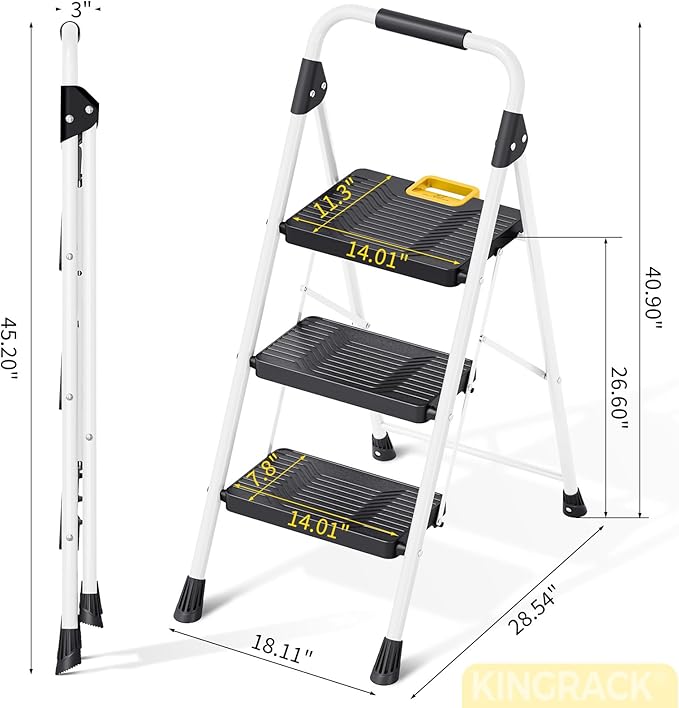 KINGRACK 3 Step Folding Ladder, 800lbs Capacity Step Stool with Safety Lock, Non-Skid Wide Pedals, and Handrail, Lightweight, Household Ladder for Home, Kitchen, Pantry, Closets, and Office Use, White