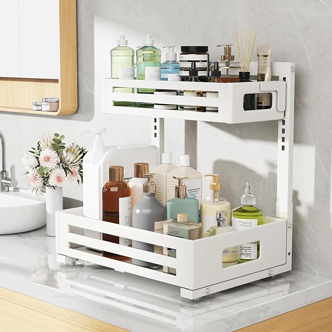 2 Pack Under Sink Organizer,Pull Out Cabinet Organizer With Smooth Cylindrical Rail,Metal Slide Out Drawer for Kitchen Bathroom Laundry Cabinet,8-Level Tool Free Height Adjustable-White