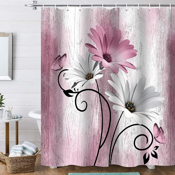 Onalasyc 4PCS Pink Daisy Flowers Butterfly Shower Curtain Set with Shower Curtain and Carpet and Accessories, Waterproof Bathroom Shower Curtain Decorative Set with 12 pcs Hooks,71 x 71in