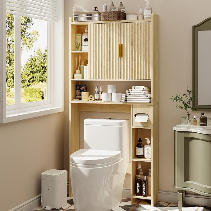 knoworld Fluted Over The Toilet Storage Cabinet, Above Toilet Bathroom Organizer with Toilet Paper Holder, Modern Behind Toilet Cabinet, Space Saver for Restroom, Bathroom, Laundry, Natural Oak