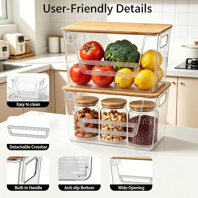 2 Pack Pantry Organizer and Storage with Bamboo Lid, Stackable Trash Bag Dispenser Under Sink Organizer for 4-33 Gal Bags, Pantry Organizers Storage for Onion, Potato, Fruit, Vegetable, Snack